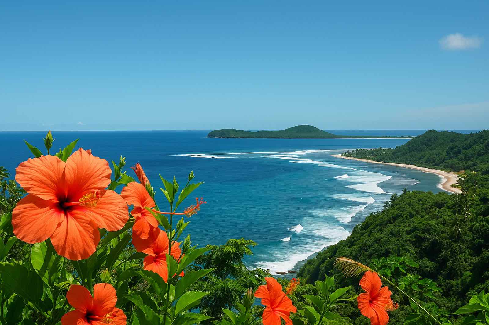 Tropical coastline with hibiscus flowers