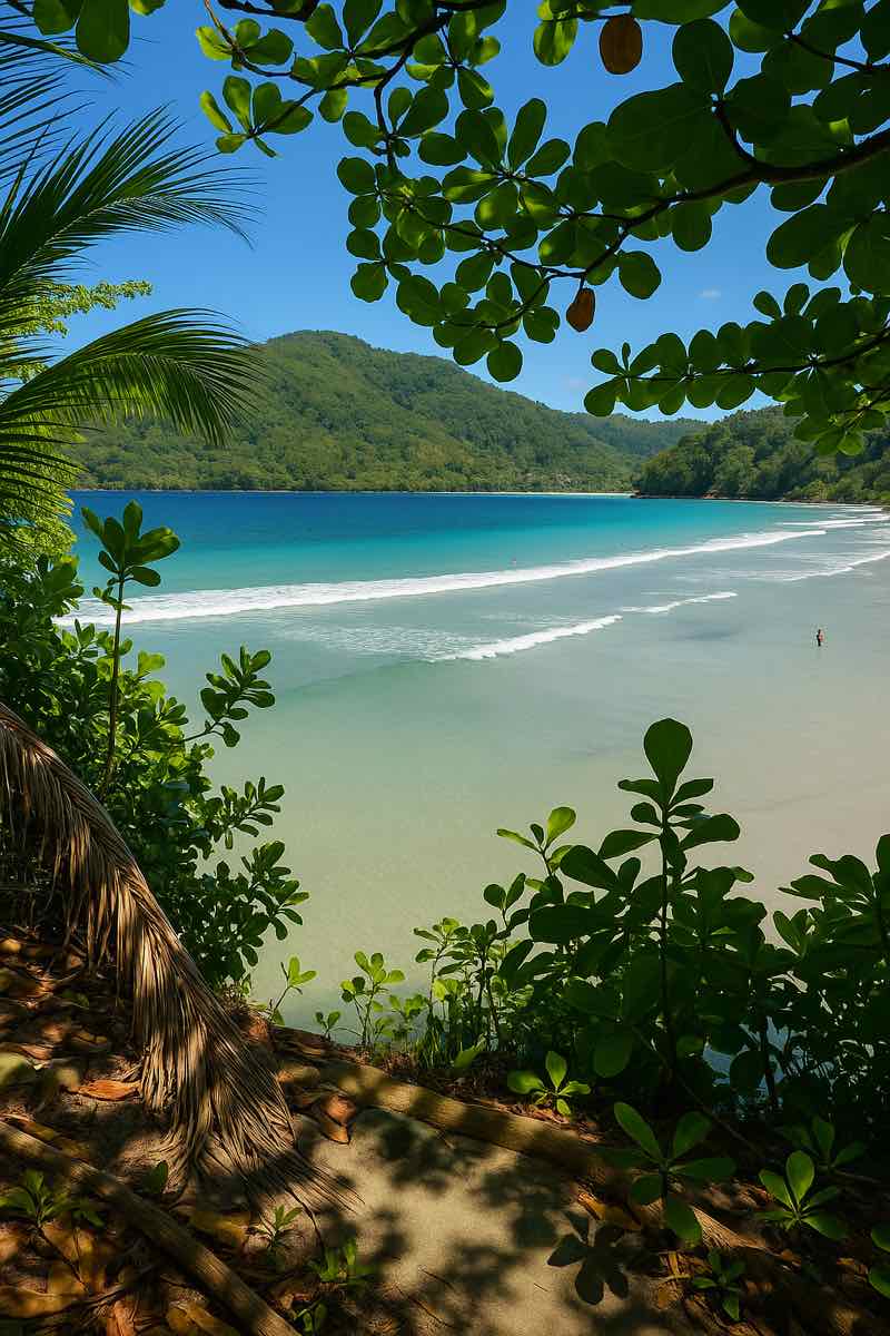 A shaded path down to a tropical beach